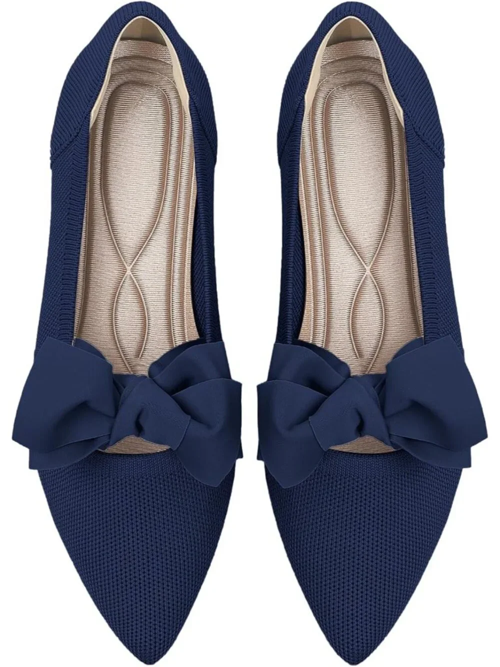 Womens Navy Blue Comfortable Knit Washable Pointed Toe Pull-On Ballet Flat Shoes